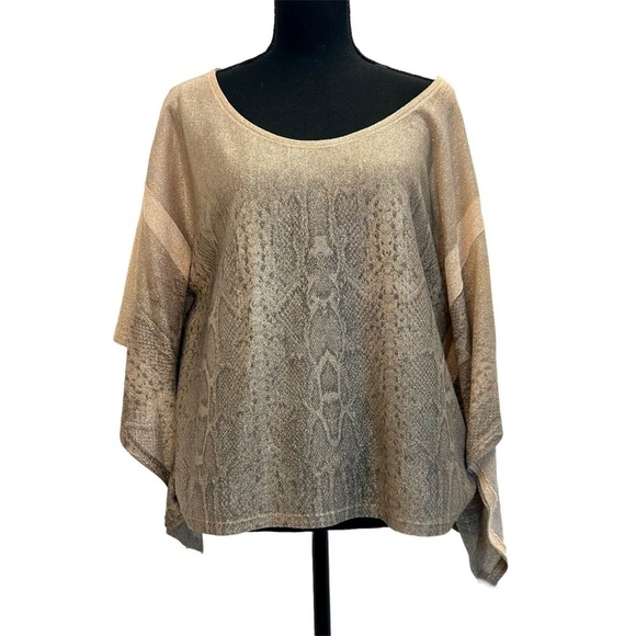 SEDUCTION cream gray animal snake print webbed sleeve shimmering blouse Sz M🇨🇦 - Picture 1 of 10
